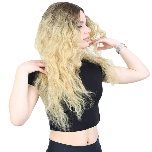 Kabarık Dalgalı Uzun Fiber Sentetik Peruk - Kumral / Sarı Ombreli H9048-10F86-PM-14X - Resim 2