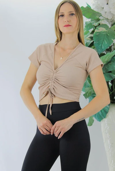 Ön Büzgülü Crop Bluz Camel - 1293.33 - 4