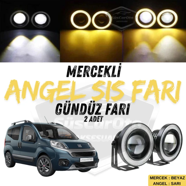 Fiat Fiorino 2008-2023 Uyumlu Üniversal Mercekli Angel Sis Farı Metal Su Geçirmez 76 mm Sarı Halkalı Gündüz Farı 2 Adet