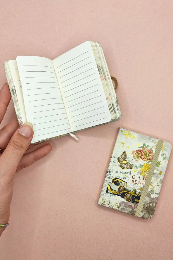 Nostaljik Retro Kelebek A7 Not Defteri , Lastikli Cep Defteri - Krem - Resim 2