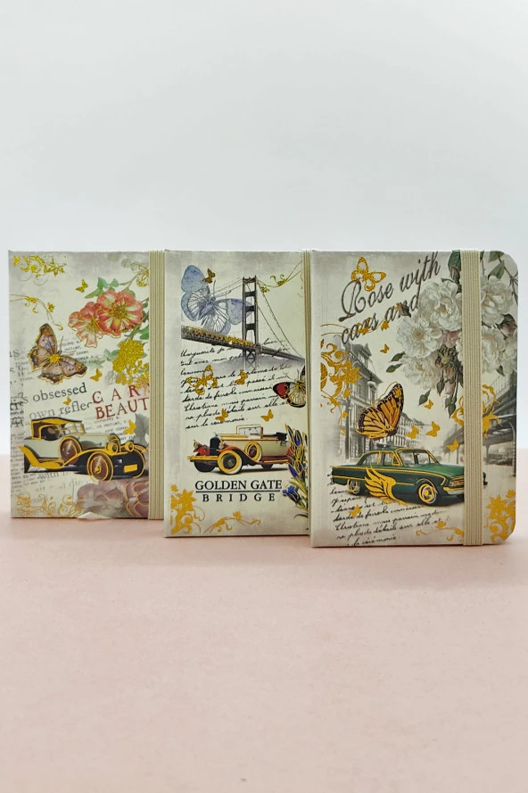 Nostaljik Retro Kelebek A7 Not Defteri , Lastikli Cep Defteri - Krem - Resim 3