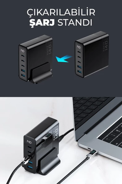 Havit 140W Gan Teknoloji 5-Portlu PD 3.1 Göstergeli Hızlı Şarj Cihazı (Macbook, Iphone Uyumlu) - 6