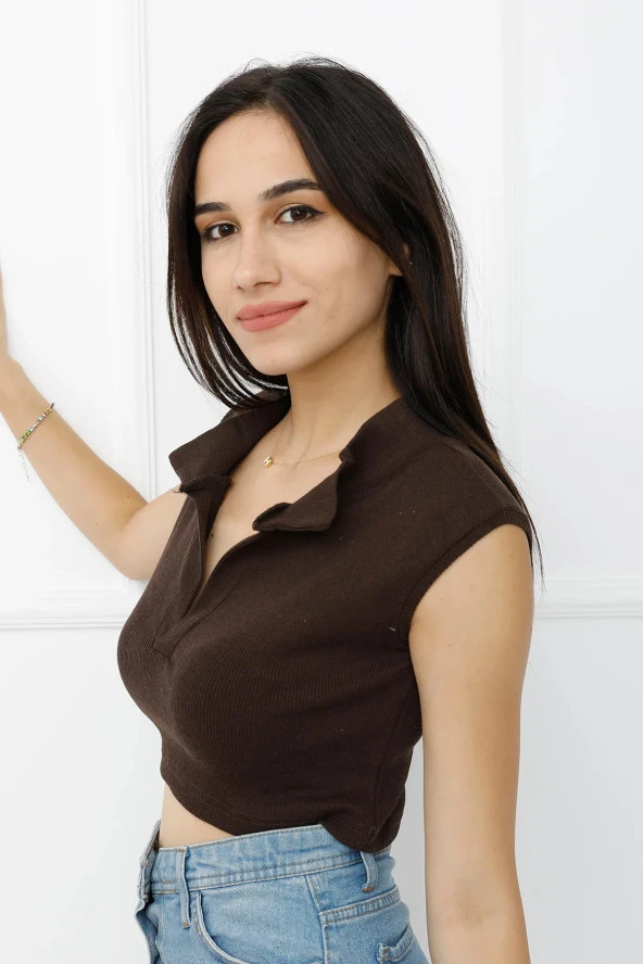 Hakim Yaka Dekolteli Crop Bady Kahve - P-020498 - 2