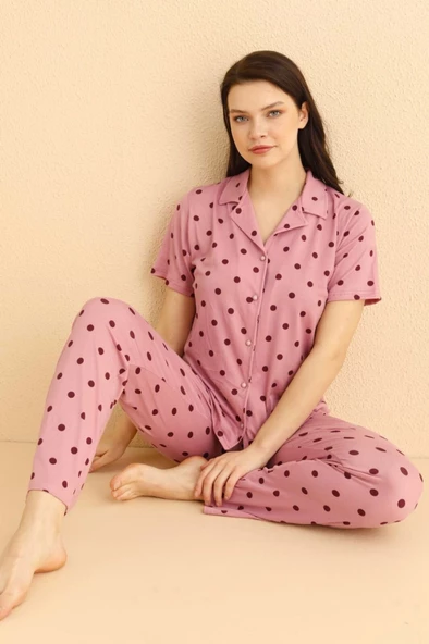 Dreamy Milan Bambu Kumaş Puantiyeli Kısa Kollu Gömlek Pijama Takımı