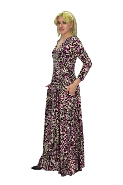 Kadın Etnik Desenli V Yaka Elbise BGL-ST03546 - Resim 4