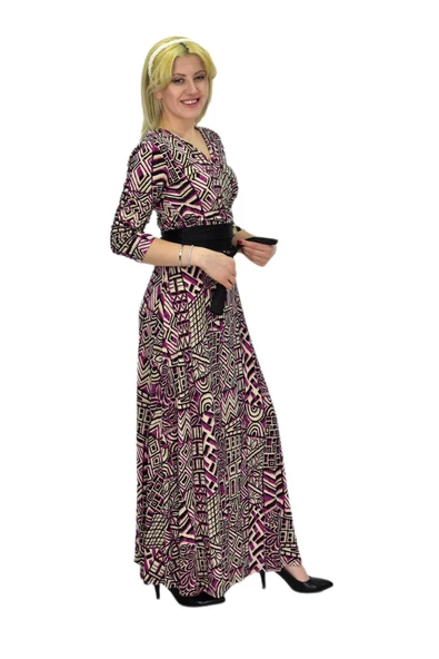 Kadın Etnik Desenli V Yaka Elbise BGL-ST03546 - Resim 8