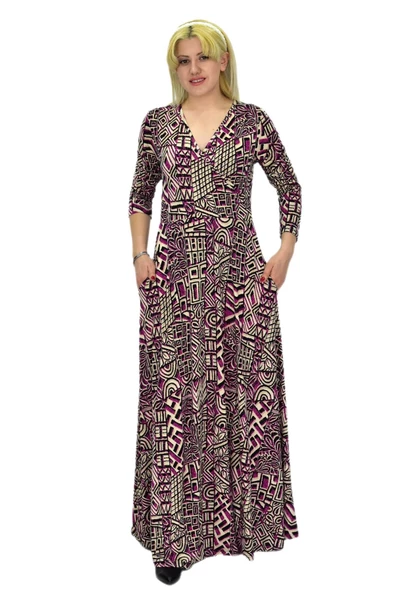 Kadın Etnik Desenli V Yaka Elbise BGL-ST03546 - Resim 2