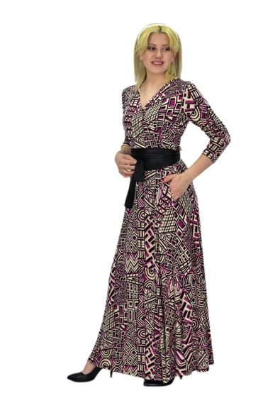 Kadın Etnik Desenli V Yaka Elbise BGL-ST03546 - Resim 12