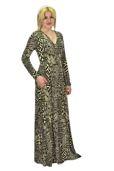 Kadın Etnik Desenli V Yaka Elbise BGL-ST03546 - Resim 5