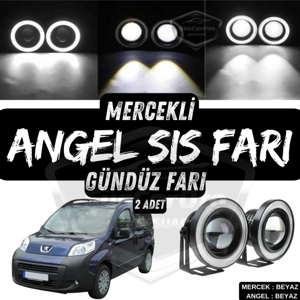 Peugeot Bipper 2008-2022 Uyumlu Üniversal Mercekli Angel Sis Farı Metal Su Geçirmez 76 mm Beyaz Halkalı Gündüz Farı ürün görseli 1
