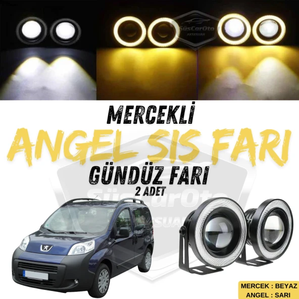 Peugeot Bipper 2008-2022 Uyumlu Üniversal Mercekli Angel Sis Farı Metal Su Geçirmez 76 mm Sarı Halkalı Gündüz Farı