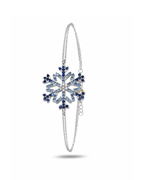 Diamond Seri Aqua-Safir Taşlı Kar Tanesi Snowflake Gümüş Bileklik