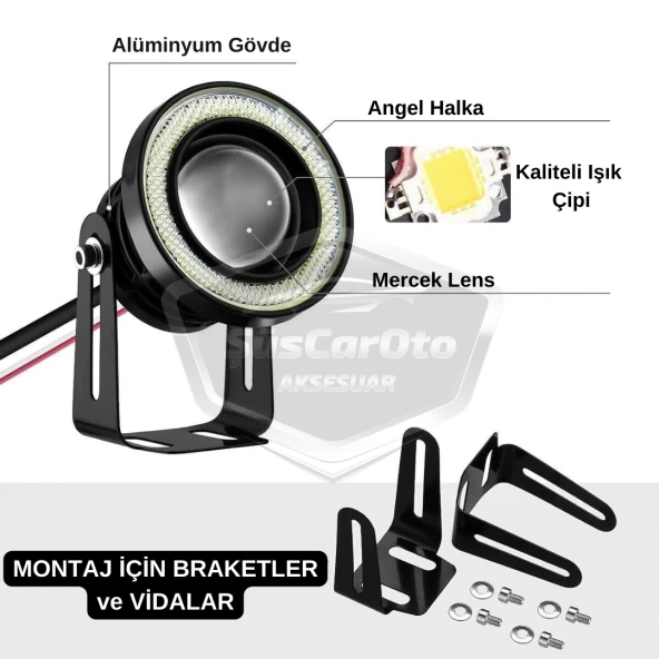 Peugeot Bipper 2008-2022 Uyumlu Üniversal Mercekli Angel Sis Farı Metal Su Geçirmez 76 mm Mavi Halkalı Gündüz Farı - 8