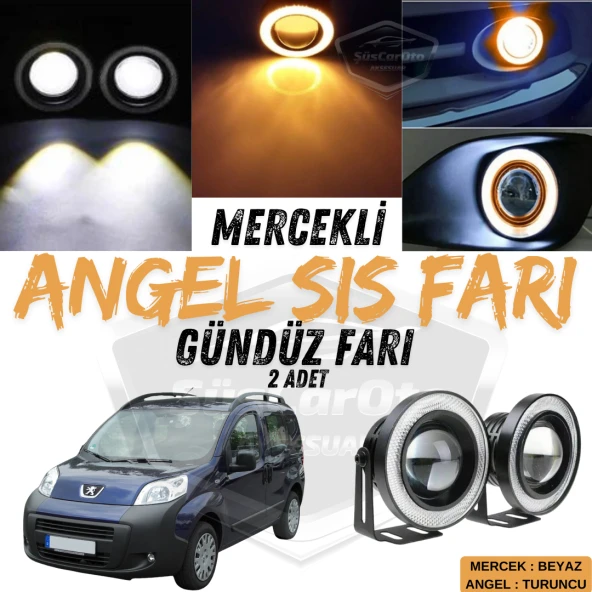 Peugeot Bipper 2008-2022 Uyumlu Üniversal Mercekli Angel Sis Farı Metal Su Geçirmez 76 mm Turuncu Halkalı Gündüz Farı