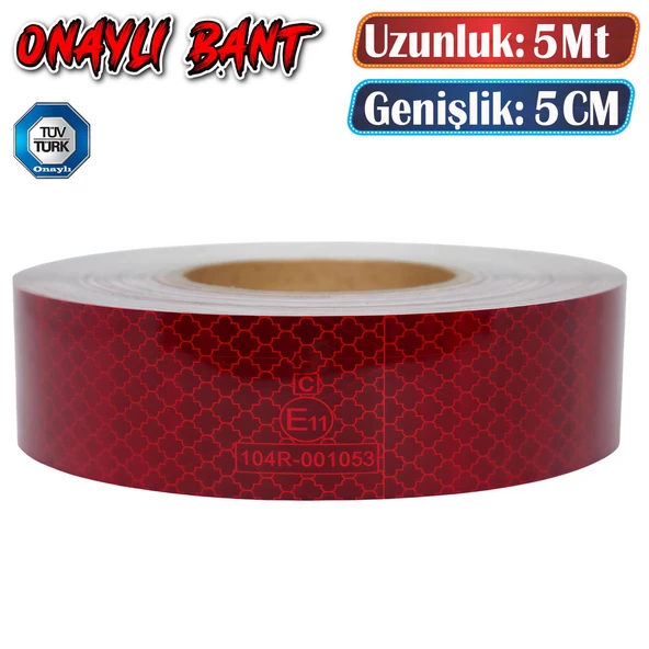 Tüvtürk Onaylı Belgeli Bant 5 Metre 5 cm Kırmızı Reflektörlü Reflektif Fosforlu Şerit Bant İkaz Bandı