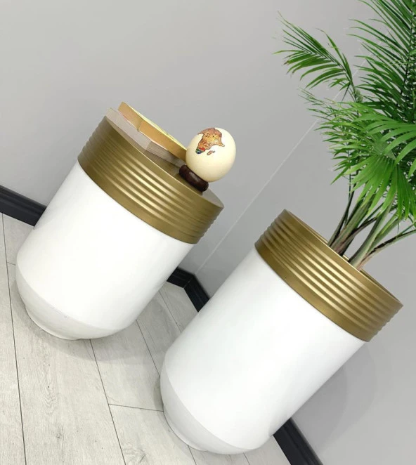 ELEGANT Dekoratif Eskitme Darbuka Parlak Beyaz Saksı 70cm + Sehpa 60cm İkili Set - Resim 2