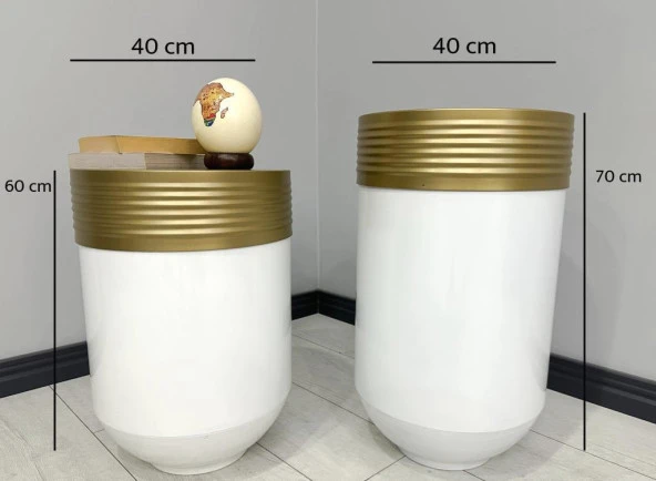 ELEGANT Dekoratif Eskitme Darbuka Parlak Beyaz Saksı 70cm + Sehpa 60cm İkili Set - Resim 3