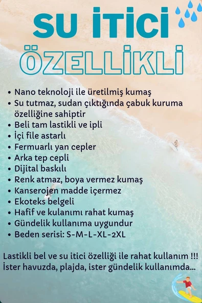 Uzun Boy Model Su İtici Özellikli Dijital Baskılı Erkek Plaj Deniz Şort Mayo - Resim 5