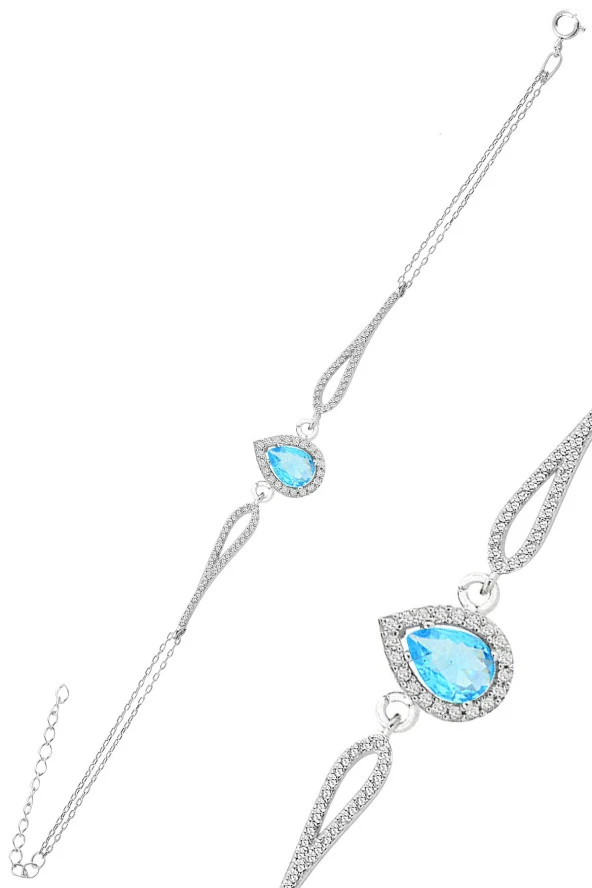 Gümüş rodyumlu akuamarin zirkon taşlı pırlanta modeli damla bileklik SGTL12219MAVI ürün görseli