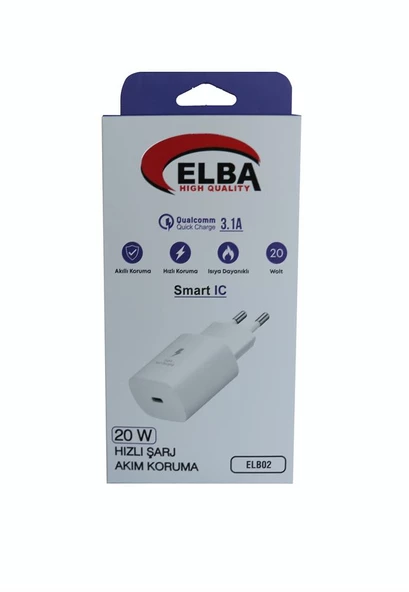 Elba ELB02-20WPD Beyaz 20W USB-C Şarj Kafa PD 3.0-QC4.0(Akıllı Koruma-Hızlı Şarj-Isıya Dayanıklı)