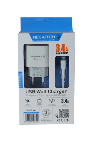 Megatech CC-03 (MT-Cl34) 3.4A Lightning Usb Kablo + Ev Şarj Adaptörü Hızlı Şarj