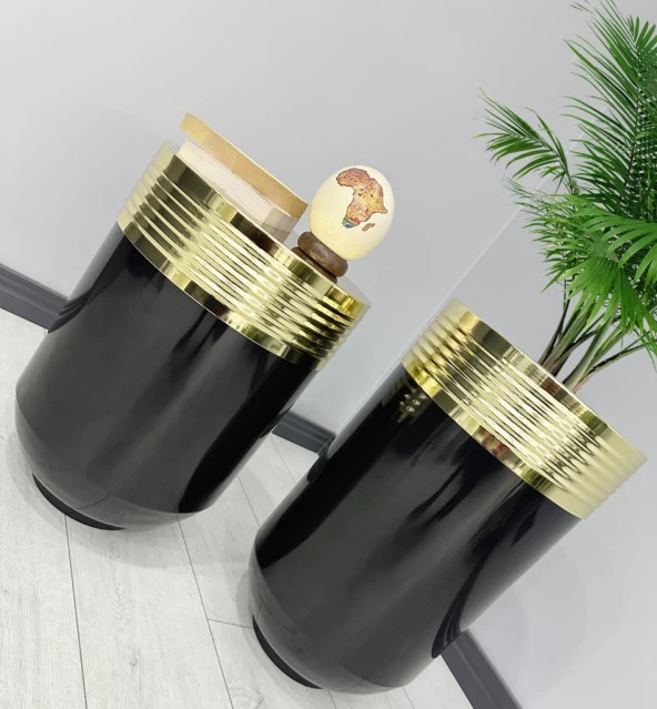 ELEGANT Dekoratif Gold Darbuka Parlak Siyah Saksı 70cm + Sehpa 60cm İkili Set - Resim 2