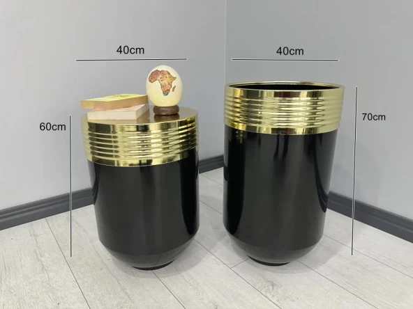 ELEGANT Dekoratif Gold Darbuka Parlak Siyah Saksı 70cm + Sehpa 60cm İkili Set - Resim 3