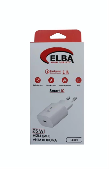 Elba ELB01-25WPD Beyaz 25W Şarj Kafa Type USB-C PD3.0-QC4.0(Akım Koruma-Hızlı Şarj-Isıya Dayanıklı)