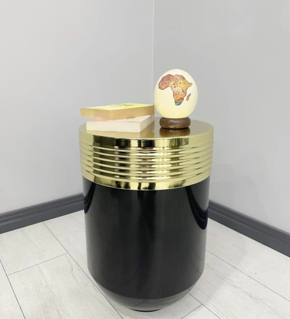 ELEGANT Dekoratif Gold Darbuka Parlak Siyah Sehpa 60cm ürün görseli 1