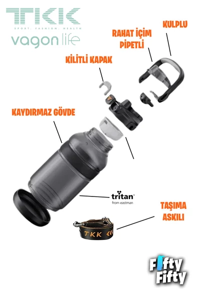 TKK 1200 ML Tek Kapak Çift Kullanım Pipetli/Rahat İçim Tritan Su Matarası-FFTKK1026-1200ML - 6