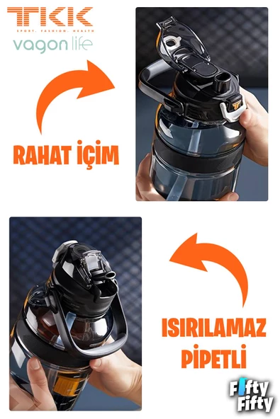 TKK 1200 ML Tek Kapak Çift Kullanım Pipetli/Rahat İçim Tritan Su Matarası-FFTKK1026-1200ML - 5