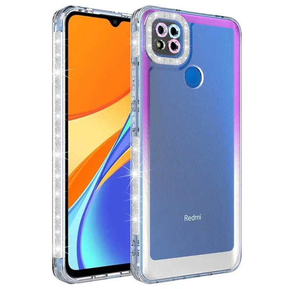 Xiaomi Redmi 9C Uyumlu Kılıf Simli ve Renk Geçiş Tasarımlı Lens Korumalı Park Kapak