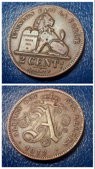 1912 Belçika 2 cent ÇÇT+ Fransız Efsane - 'ALBERT ROI DES BELGES' - madeni para - 399636653a7fc1dfab