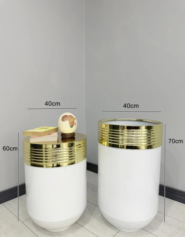 ELEGANT Dekoratif Gold Darbuka Parlak Beyaz Saksı 70cm + 60cm Sehpa İkili Set - Resim 3
