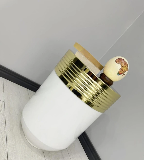 ELEGANT Dekoratif Gold Darbuka Parlak Beyaz Sehpa 60cm - 2