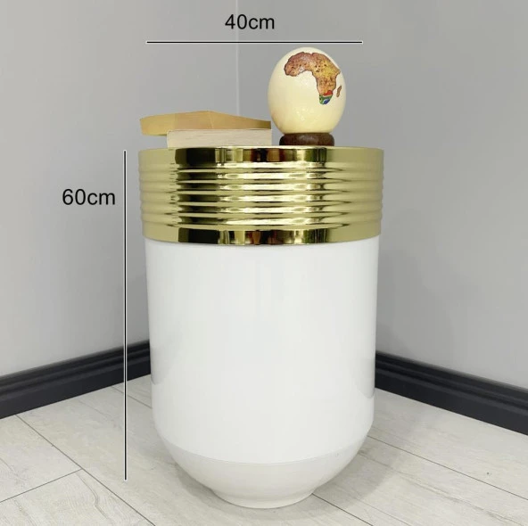 ELEGANT Dekoratif Gold Darbuka Parlak Beyaz Sehpa 60cm - 3