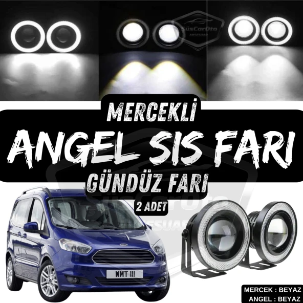 Ford Courier 2014-2023 Uyumlu Üniversal Mercekli Angel Sis Farı Metal Su Geçirmez 76 mm Beyaz Halkalı Gündüz Farı