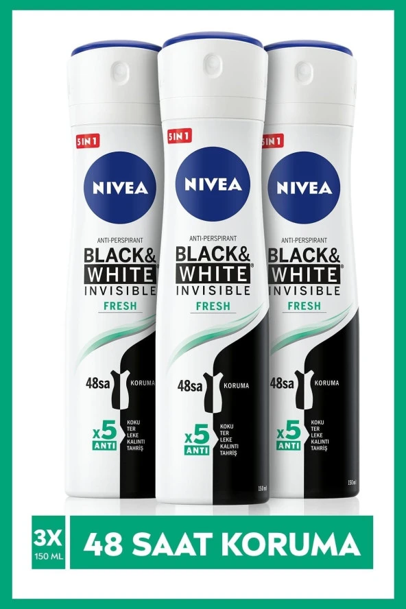 Nivea Kadın Sprey Deodorant Black&White Invisible Fresh 150 ml X3 Adet,48 Saat Anti-Perspirant Koruma