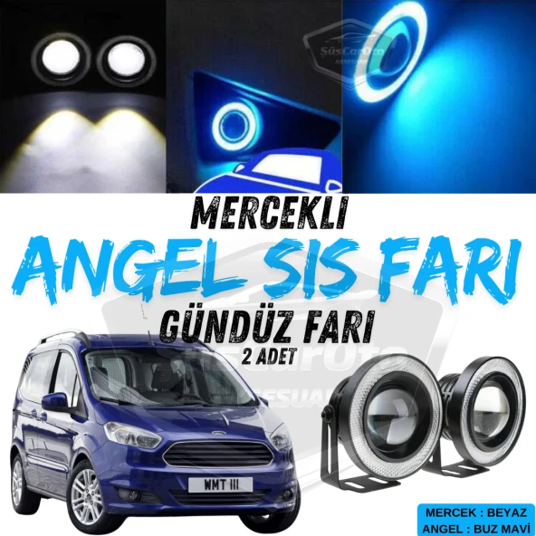 Ford Courier 2014-2023 Uyumlu Üniversal Mercekli Angel Sis Farı Metal Su Geçirmez 76 mm Buz Mavi Halkalı Gündüz Farı