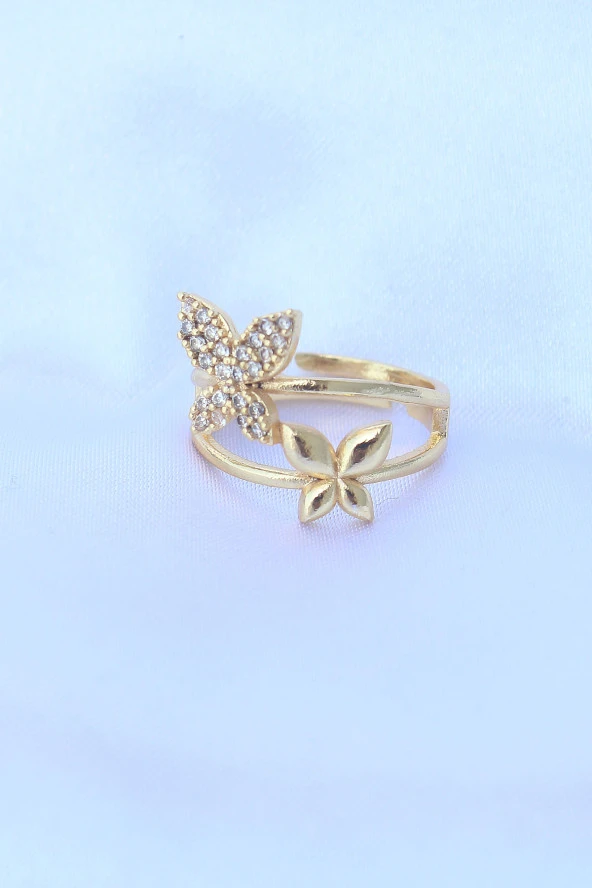 Pirinç Gold Renk Ayarlanabilir Zirkon Taşlı Kelebek Yüzük - EBJ240608W24867 - Resim 2