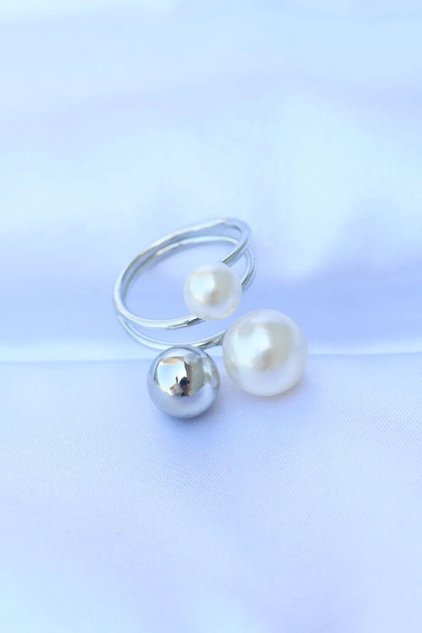 Pirinç Gümüş Renk Ayarlanabilir İnci Taşlı Yüzük - EBJ240608W24856 - Resim 2