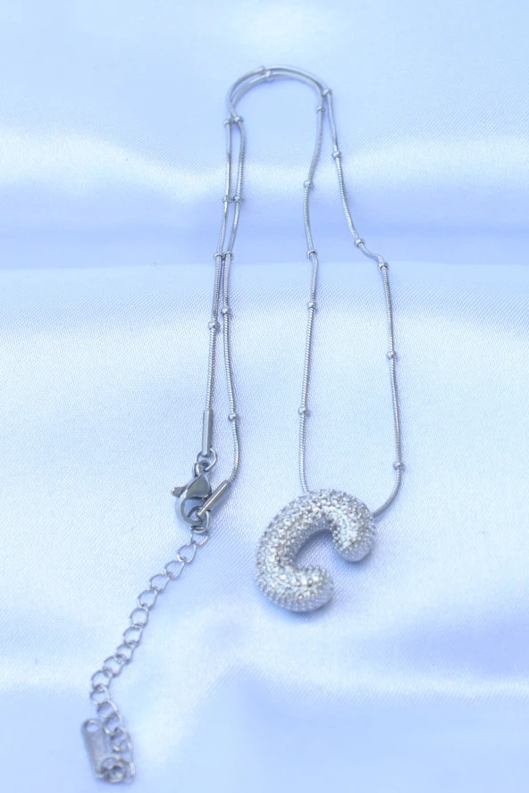 316L Çelik Zincirli Zirkon Taşlı C Harfli Gümüş Renk Bubble Kolye - EBJ240608W24822 - Resim 2