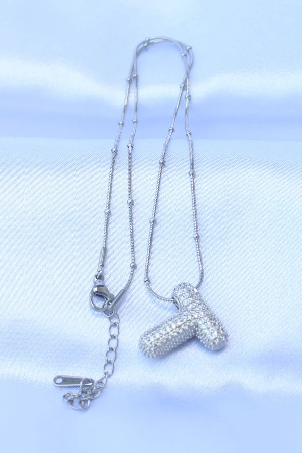 316L Çelik Zincirli Zirkon Taşlı T Harfli Gümüş Renk Bubble Kolye - EBJ240608W24827 - Resim 2