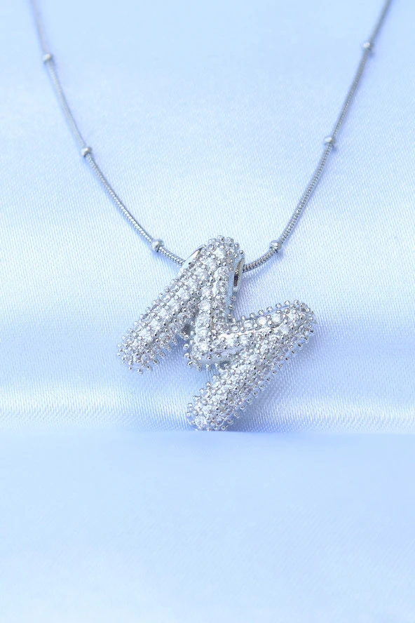 316L Çelik Zincirli Zirkon Taşlı M Harfli Gümüş Renk Bubble Kolye - EBJ240608W24833 ürün görseli