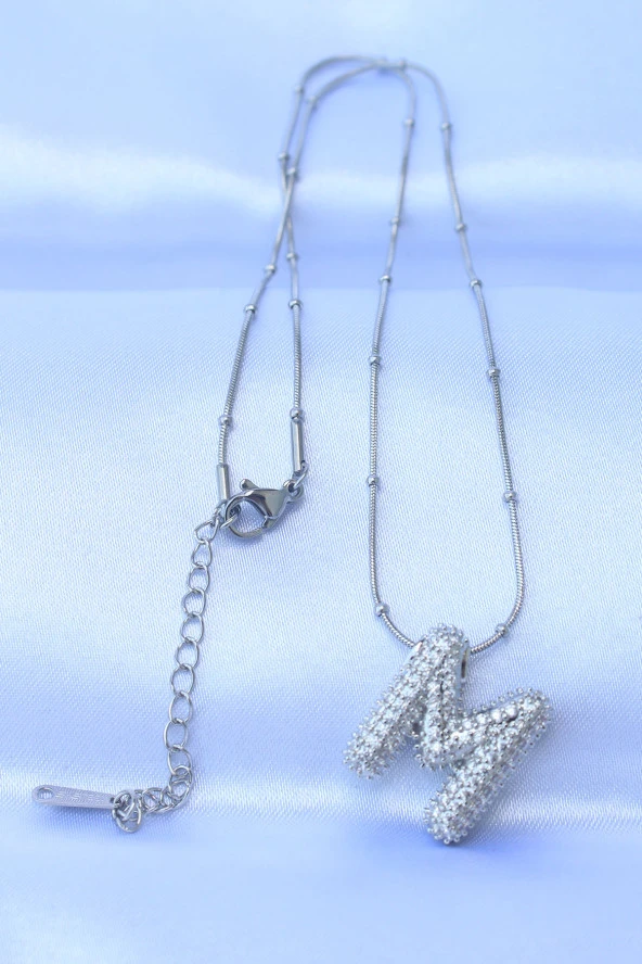 316L Çelik Zincirli Zirkon Taşlı M Harfli Gümüş Renk Bubble Kolye - EBJ240608W24833 - Resim 2