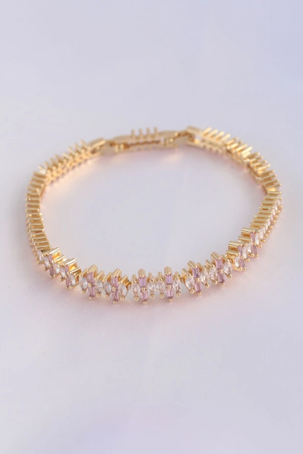 Vip Seri Pirinç Pembe Zirkon Taşlı Gold Renk Baget Model Bileklik - EBJ240608W24798 ürün görseli