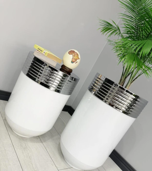 ELEGANT Dekoratif Krom Darbuka Parlak Beyaz Saksı 70cm + 60cm Sehpa İkili Set - Resim 2