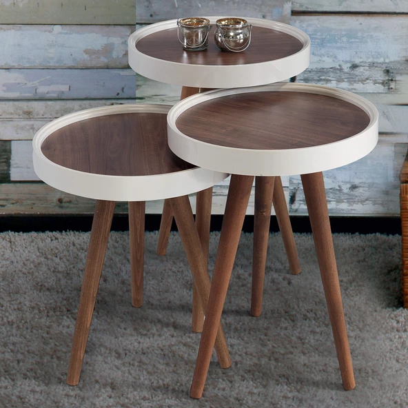 3'Lü Ahşap Yuvarlak Zigon Sehpa Ekru Polen C1 - 2