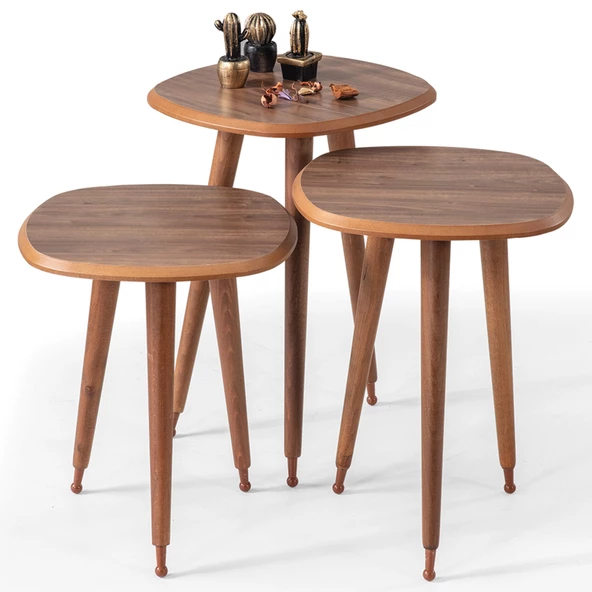 3'Lü Ahşap Yuvarlak Zigon Sehpa Ceviz Lüx Ayaklı B7