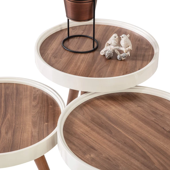 3'Lü Ahşap Yuvarlak Zigon Sehpa Ceviz Polen Lüx Ayaklı C8 - 3